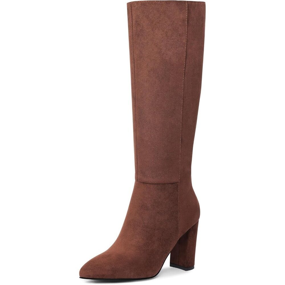 Women's Brown 1 Classic Chunky Heel Pointed Toe High Heel Side Zipper Tall Boots